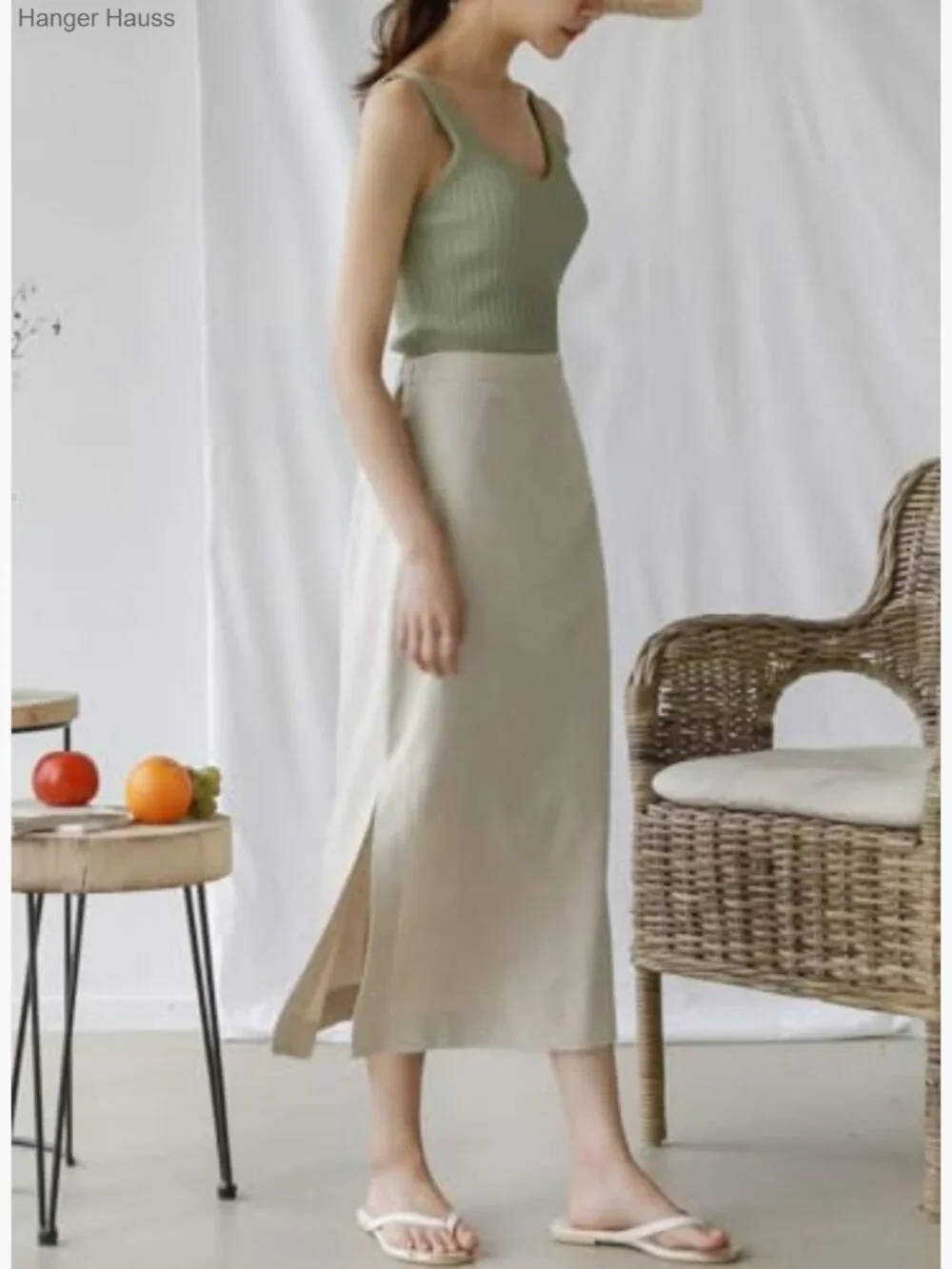 High Waisted Straight Fit Linen Long Skirt with Slit Midi - Picture 3 of 6